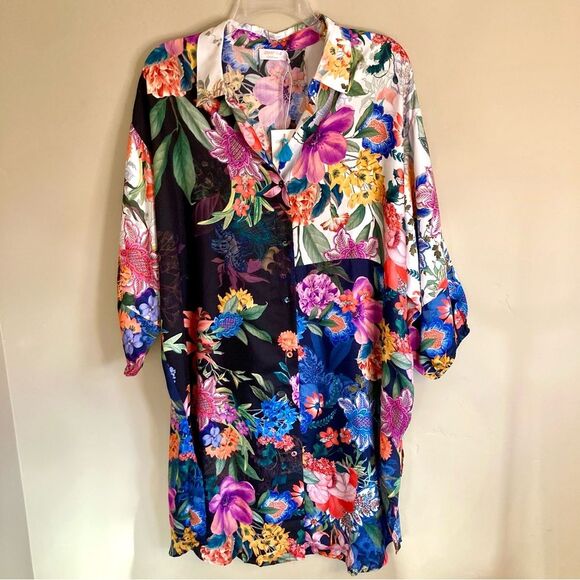 NEW Johnny Was Neon Jungle Mix Easy Patchwork Button Tunic Dress Silk Size L - Picture 7 of 16